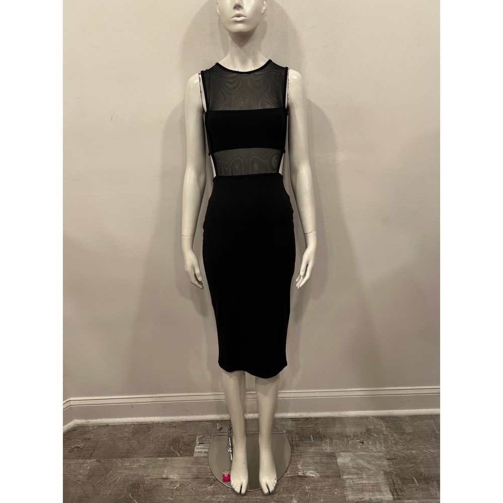 Missguided Size 2 Women Black Mesh Cutout Bodycon Midi Dress Sleeveless LBD